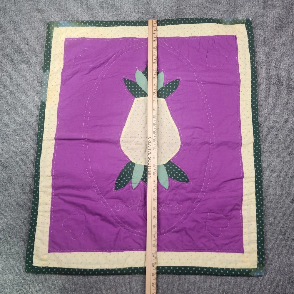 Vintage Hand Stitched Pineapple Welcome Quilt Wall Hanging Purple Green 25x31